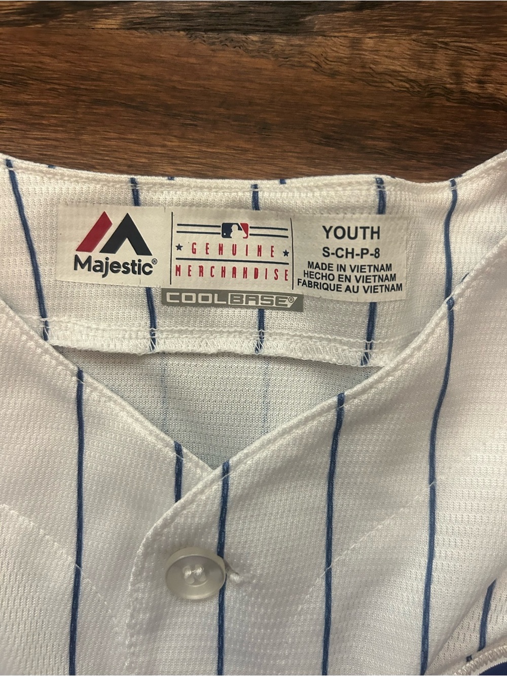 Majestic White Pinstripe Rizzo #44 Youth Baseball Jersey with Blue-Red Trim - Picture 5 of 9